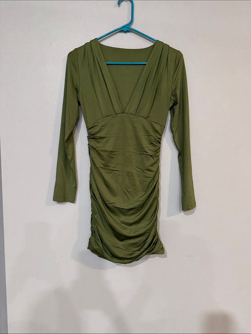 Olive Green Ruched V-Neck Long Sleeve Dress